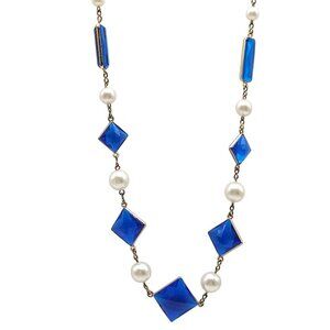 Vintage Blue Acrylic Rhinestone Faux Pearl Necklace With Gold Tone Chain